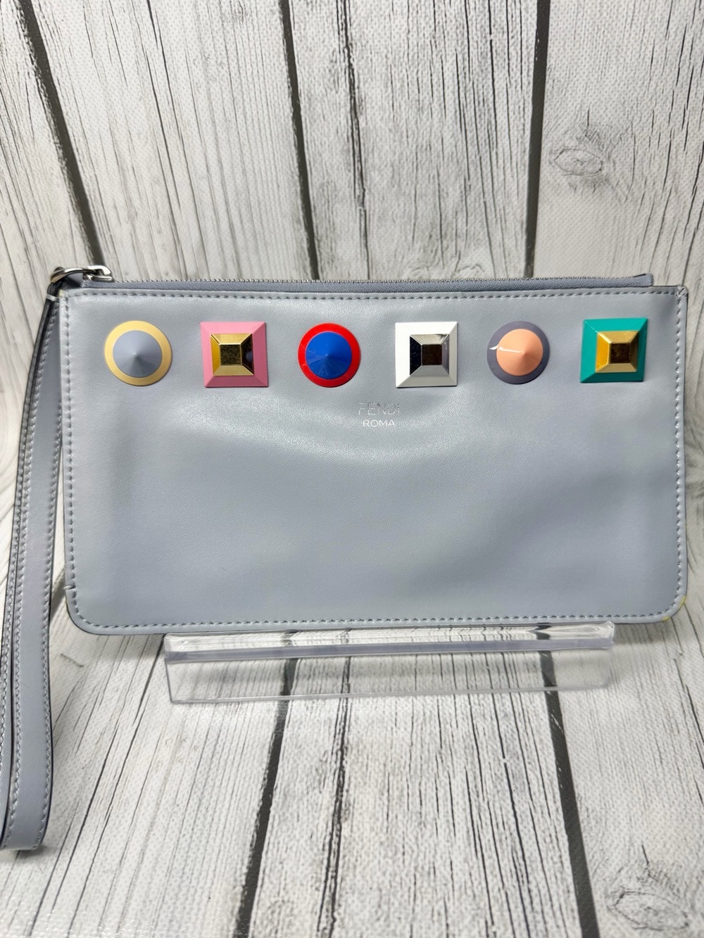 PRE LOVED Fendi Studded Leather Slim Wristlet Clutch Pouch